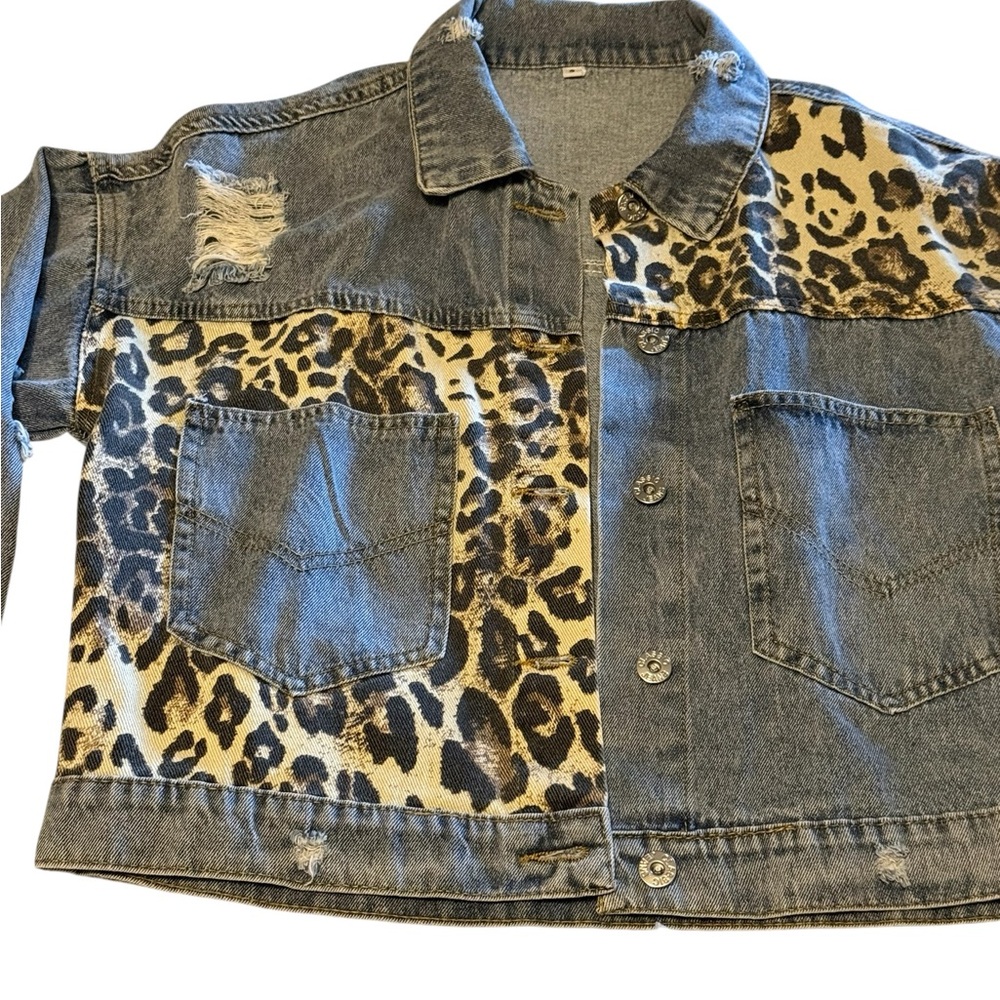 Leopard Patchwork Denim Jacket - Gray with Tan/Bl… - image 2